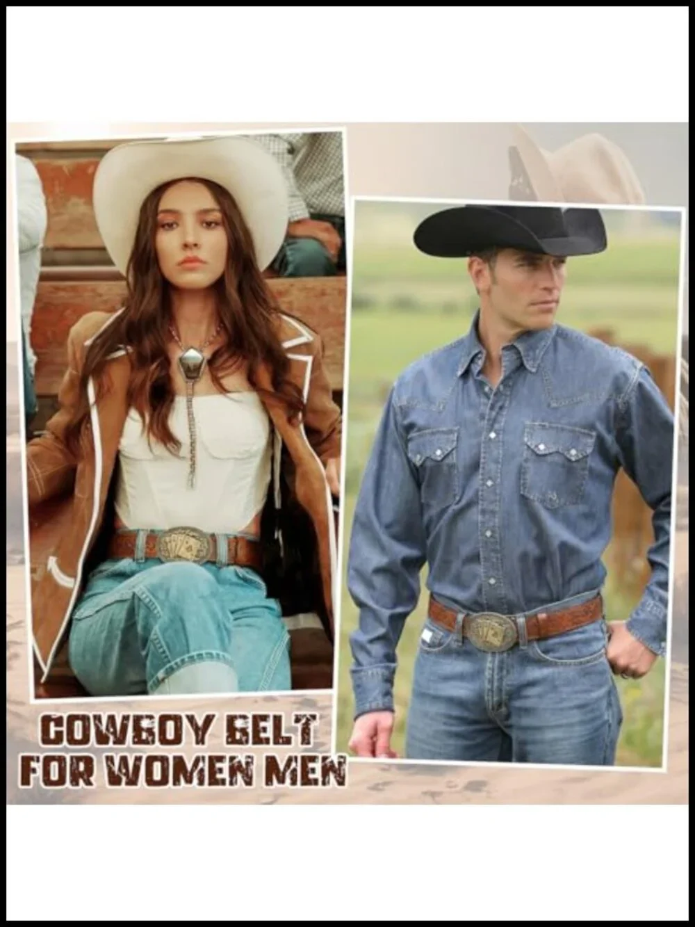 Western Cowboy Leather Belt with Longhorn Poker Buckle